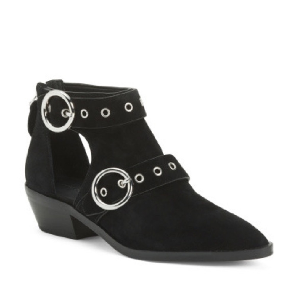 Rebecca Minkoff suede Booties with Buckle silver studs grommets Cutout Detail